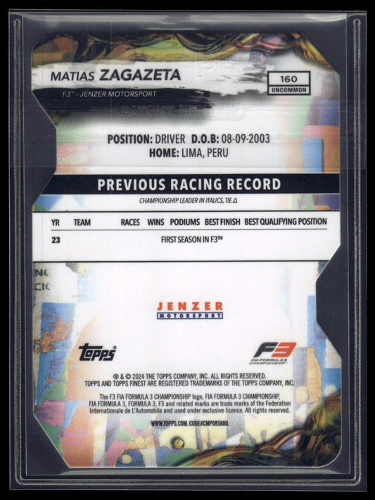 2024 Topps Finest Formula 1 #160 Matias Zagazeta Refractors Die Cut #/75