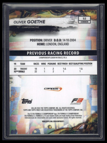 2024 Topps Finest Formula 1 #52 Oliver Goethe Blue Refractors #/200