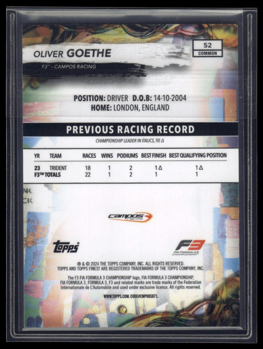 2024 Topps Finest Formula 1 #52 Oliver Goethe Blue Refractors #/200
