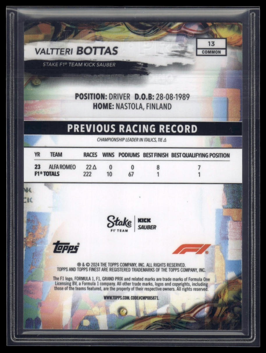 2024 Topps Finest Formula 1 #13 Valtteri Bottas Blue Refractors #/200