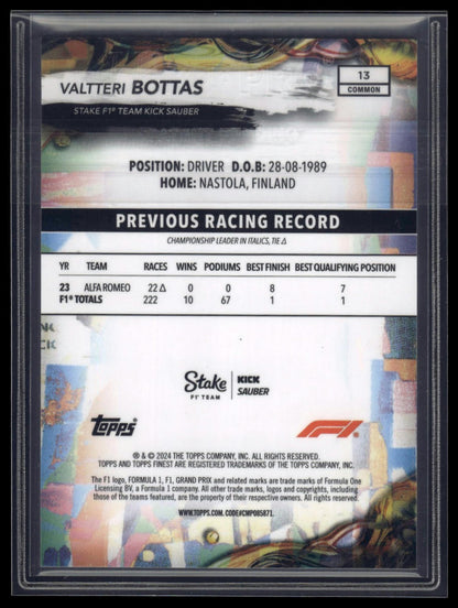 2024 Topps Finest Formula 1 #13 Valtteri Bottas Blue Refractors #/200