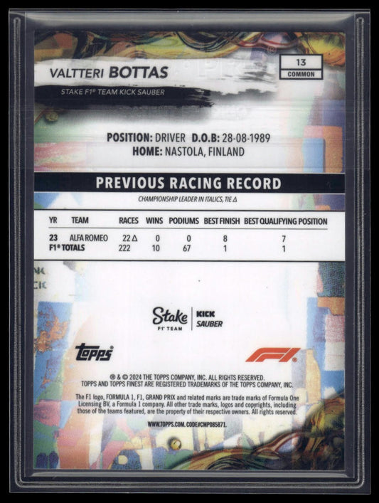 2024 Topps Finest Formula 1 #13 Valtteri Bottas Blue Refractors #/200