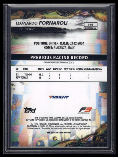 2024 Topps Finest Formula 1 #146 Leonardo Fornaroli Blue Refractors #/150