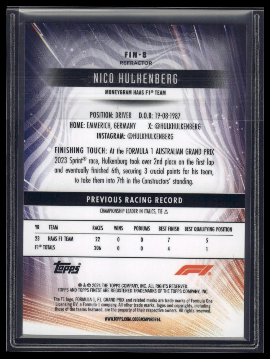 2024 Topps Finest Formula 1 #FIN-8 Nico Hulkenberg Finishers Refractor
