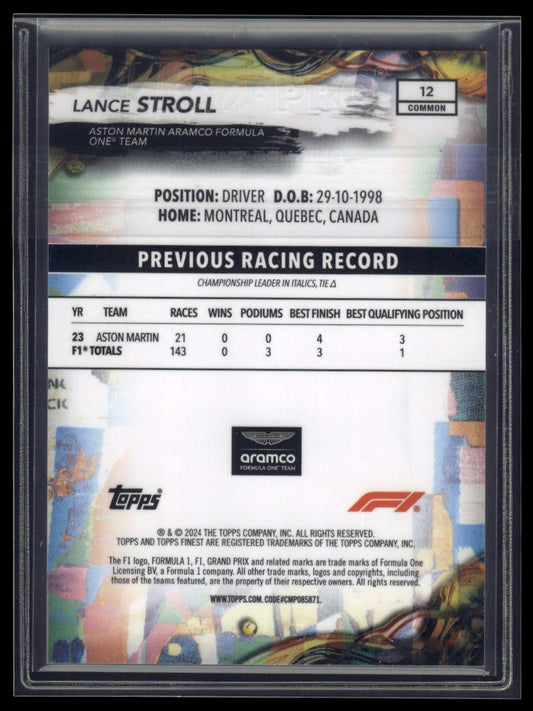 2024 Topps Finest Formula 1 #12 Lance Stroll Blue Refractors #/200