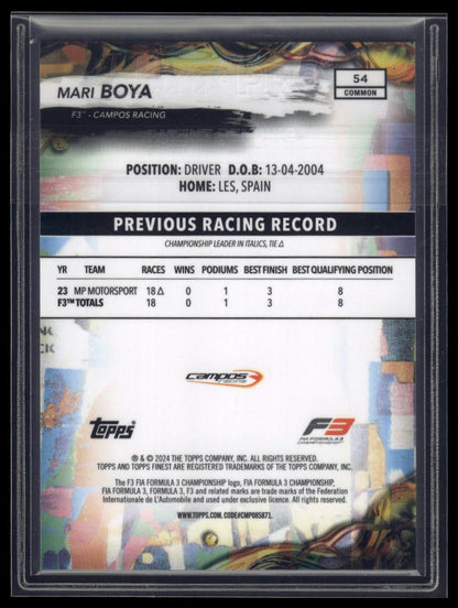 2024 Topps Finest Formula 1 #53 Sebastián Montoya Blue Refractors #/200