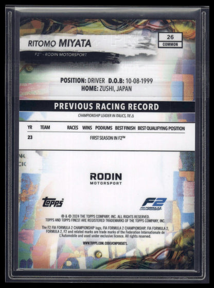 2024 Topps Finest Formula 1 #26 Ritomo Miyata Blue Refractors #/200