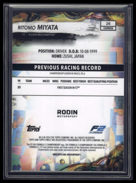 2024 Topps Finest Formula 1 #26 Ritomo Miyata Blue Refractors #/200