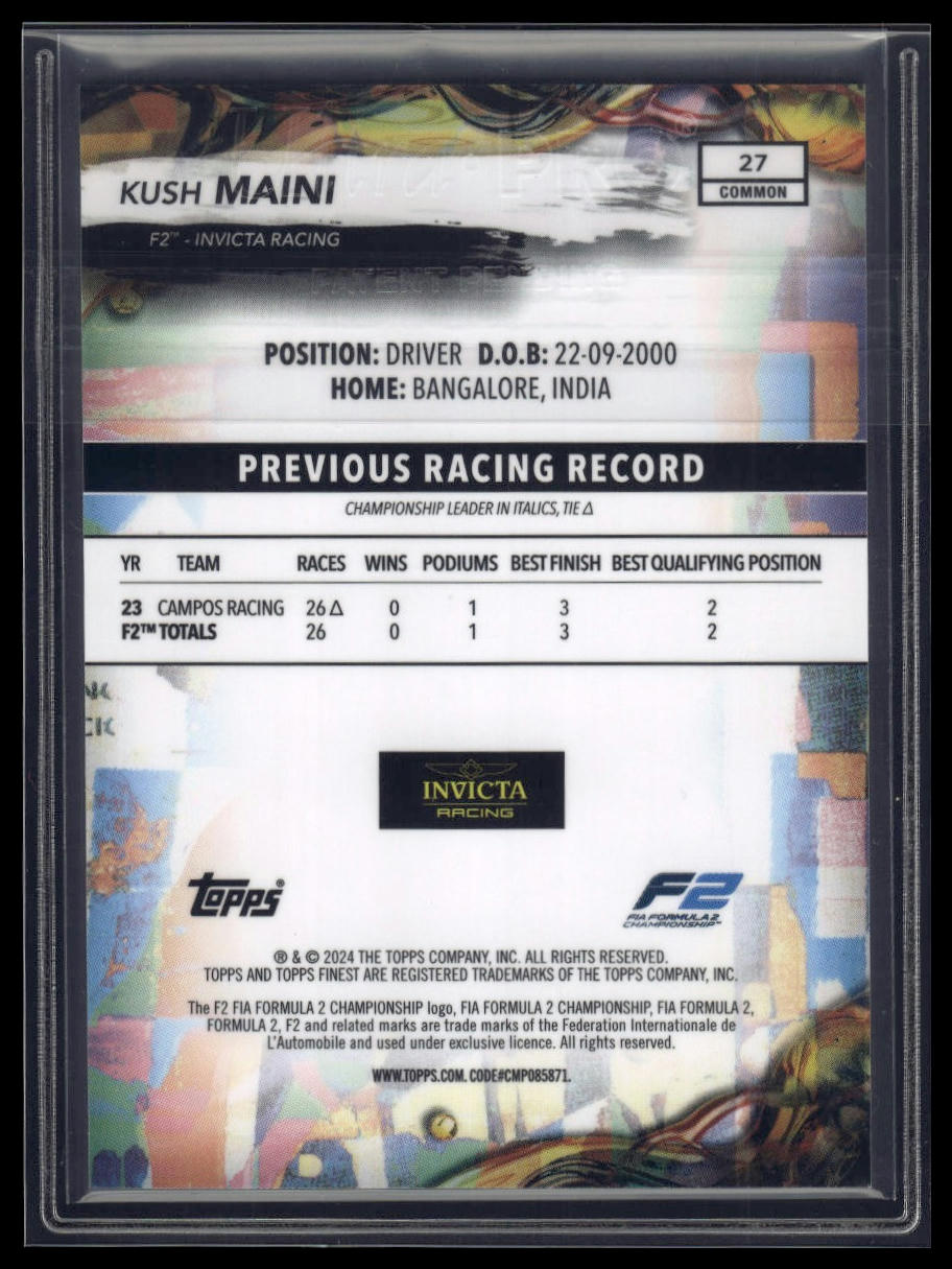 2024 Topps Finest Formula 1 #27 Kush Maini Blue Refractors #/200