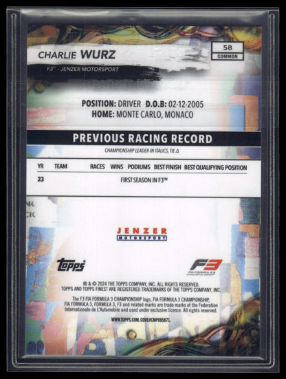 2024 Topps Finest Formula 1 #58 Charlie Wurz Blue Refractors #/200