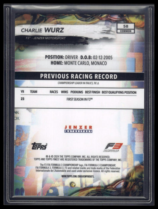 2024 Topps Finest Formula 1 #58 Charlie Wurz Blue Refractors #/200