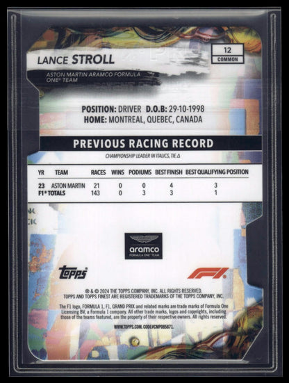 2024 Topps Finest Formula 1 #12 Lance Stroll Refractors Die Cut #/99