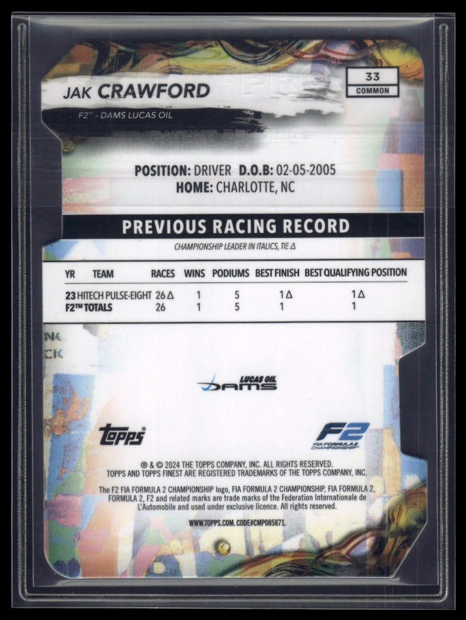 2024 Topps Finest Formula 1 #33 Jak Crawford Refractors Die Cut #/99