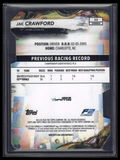 2024 Topps Finest Formula 1 #33 Jak Crawford Refractors Die Cut #/99