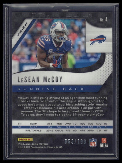 2019 Panini Prizm #4 LeSean McCoy Blue Wave #/199
