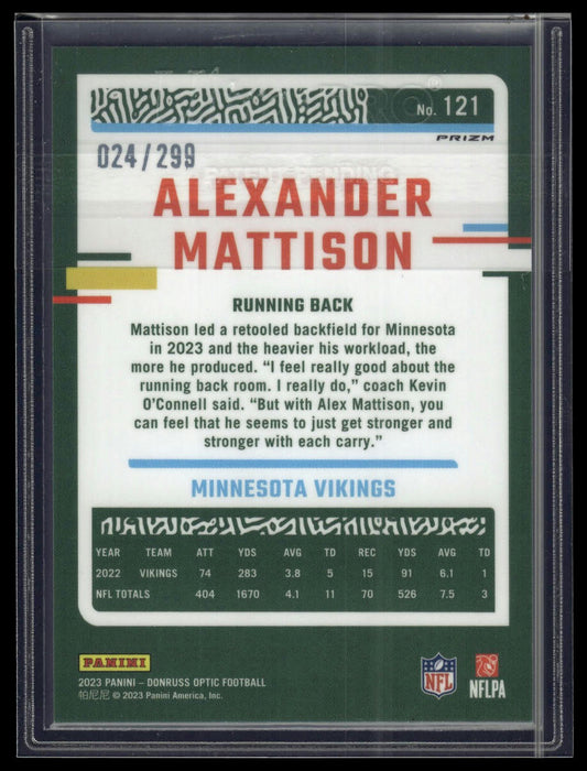 2023 Donruss Optic #121 Alexander Mattison Aqua #/299