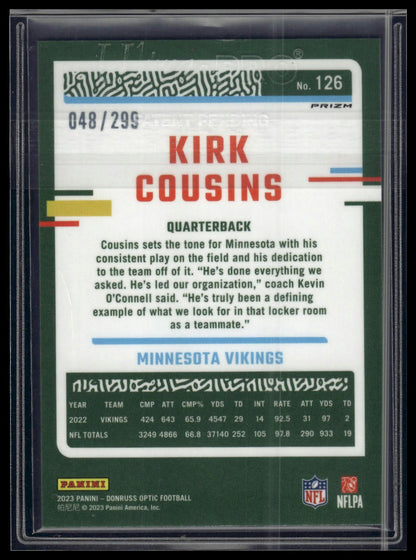 2023 Donruss Optic #126 Kirk Cousins Aqua #/299