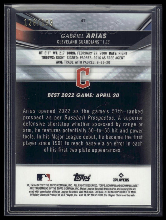2022 Bowman's Best #47 Gabriel Arias Aqua Lava Refractor #/199