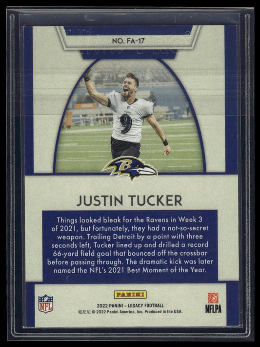 2022 Panini Legacy #FA-17 Justin Tucker For the Ages Blue #/50