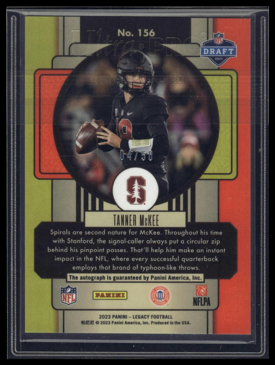 2023 Panini Legacy #156 Tanner McKee Rookies Premium Penmanship Ruby #/50