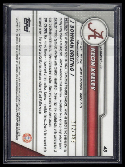 2023 Bowman University Chrome #43 Keon Keeley Purple Refractor #/399
