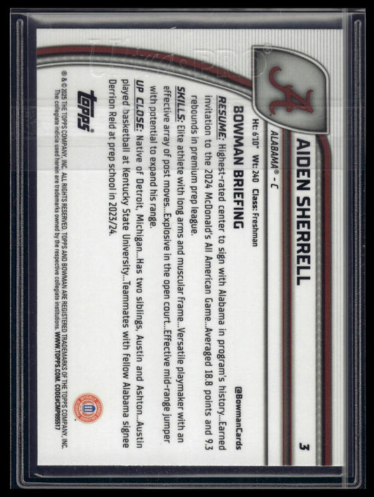 2024-25 Bowman University Chrome #3 Aiden Sherrell Blue Reptilian /150