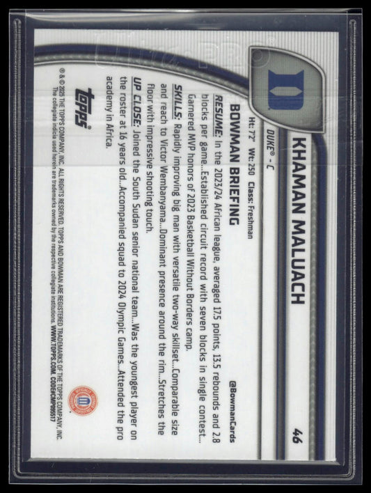 2024-25 Bowman University Chrome #46 Khaman Maluach Purple Refractor #/399