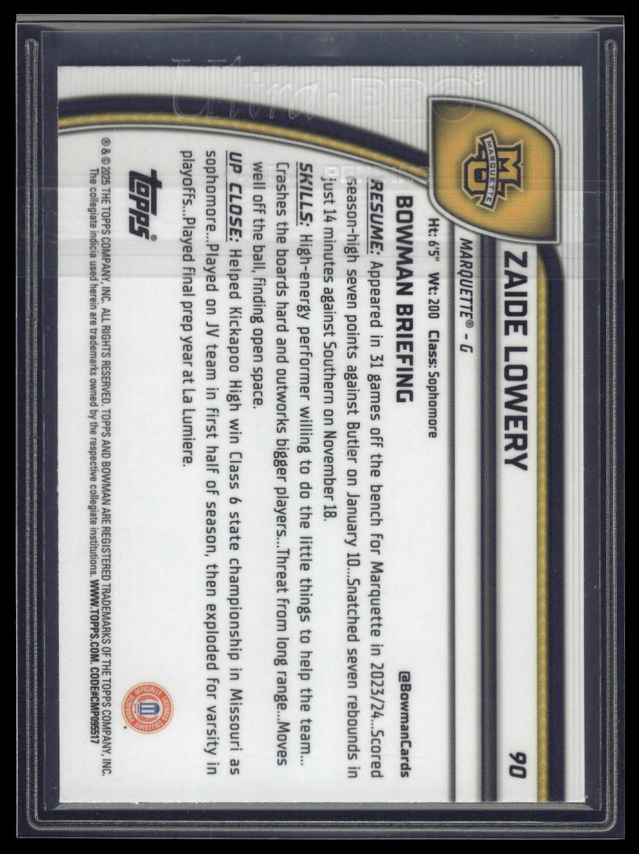 2024-25 Bowman University Chrome #90 Zaide Lowery Purple Refractor #/399