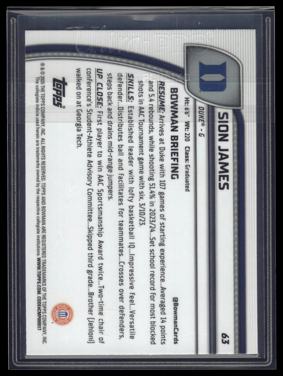 2024-25 Bowman University Chrome #63 Sion James X-Fractor