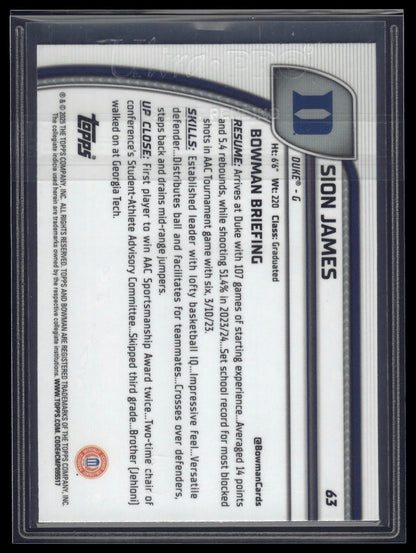 2024-25 Bowman University Chrome #63 Sion James X-Fractor