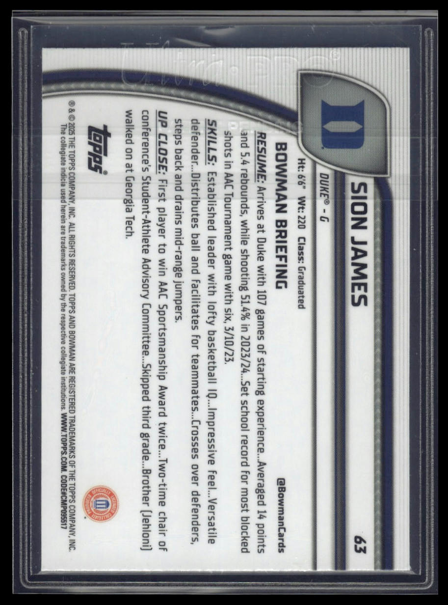 2024-25 Bowman University Chrome #63 Sion James Blue Refractor #/199