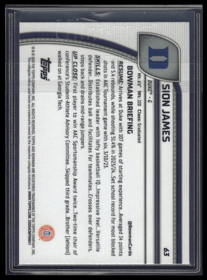 2024-25 Bowman University Chrome #63 Sion James Blue Refractor #/199