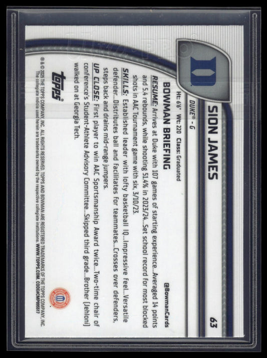 2024-25 Bowman University Chrome #63 Sion James Green Shimmer Refractor