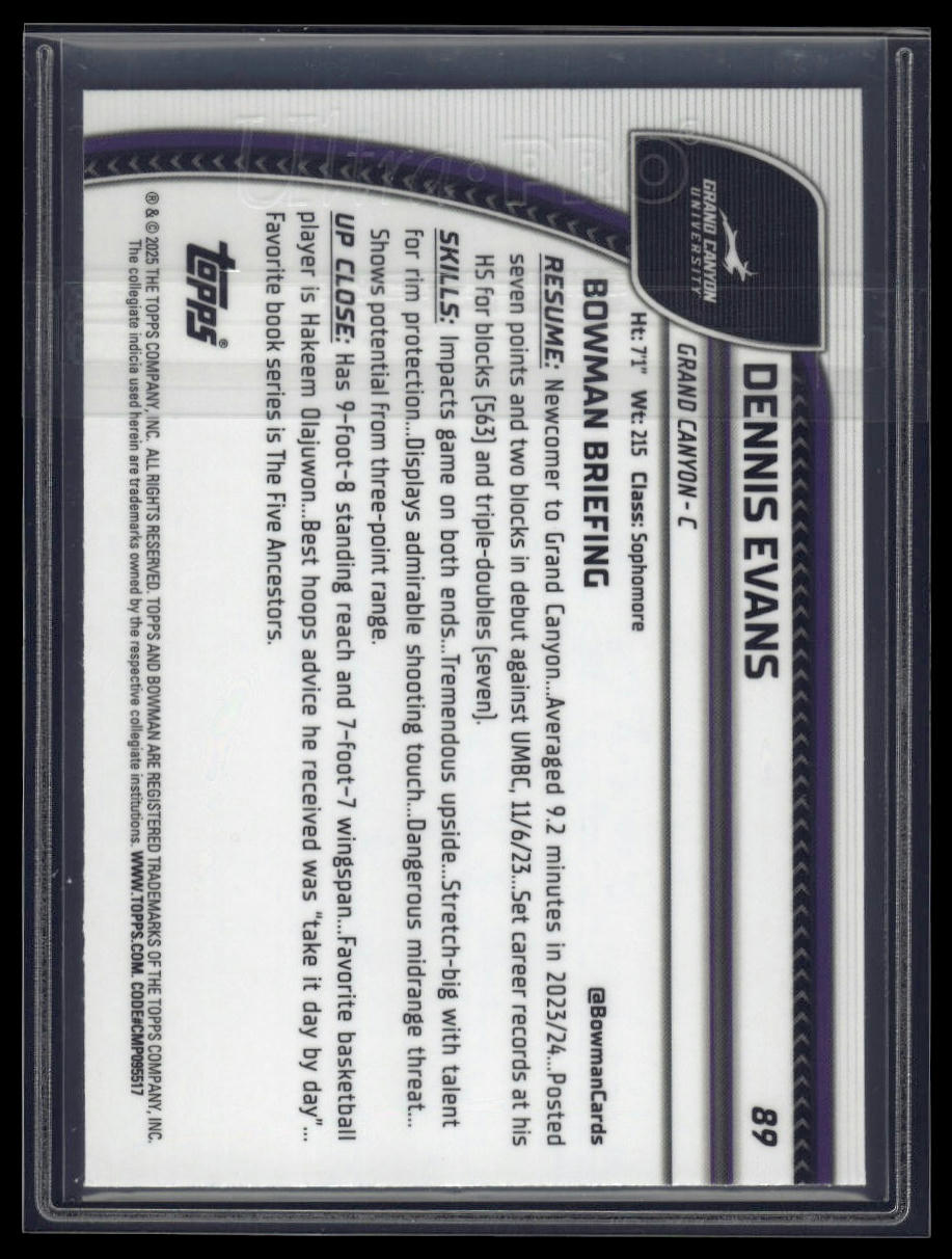 2024-25 Bowman University Chrome #89 Dennis Evans Blue Refractor #/199