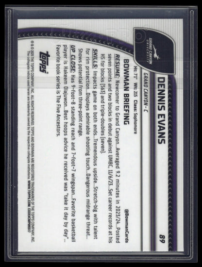 2024-25 Bowman University Chrome #89 Dennis Evans Blue Refractor #/199