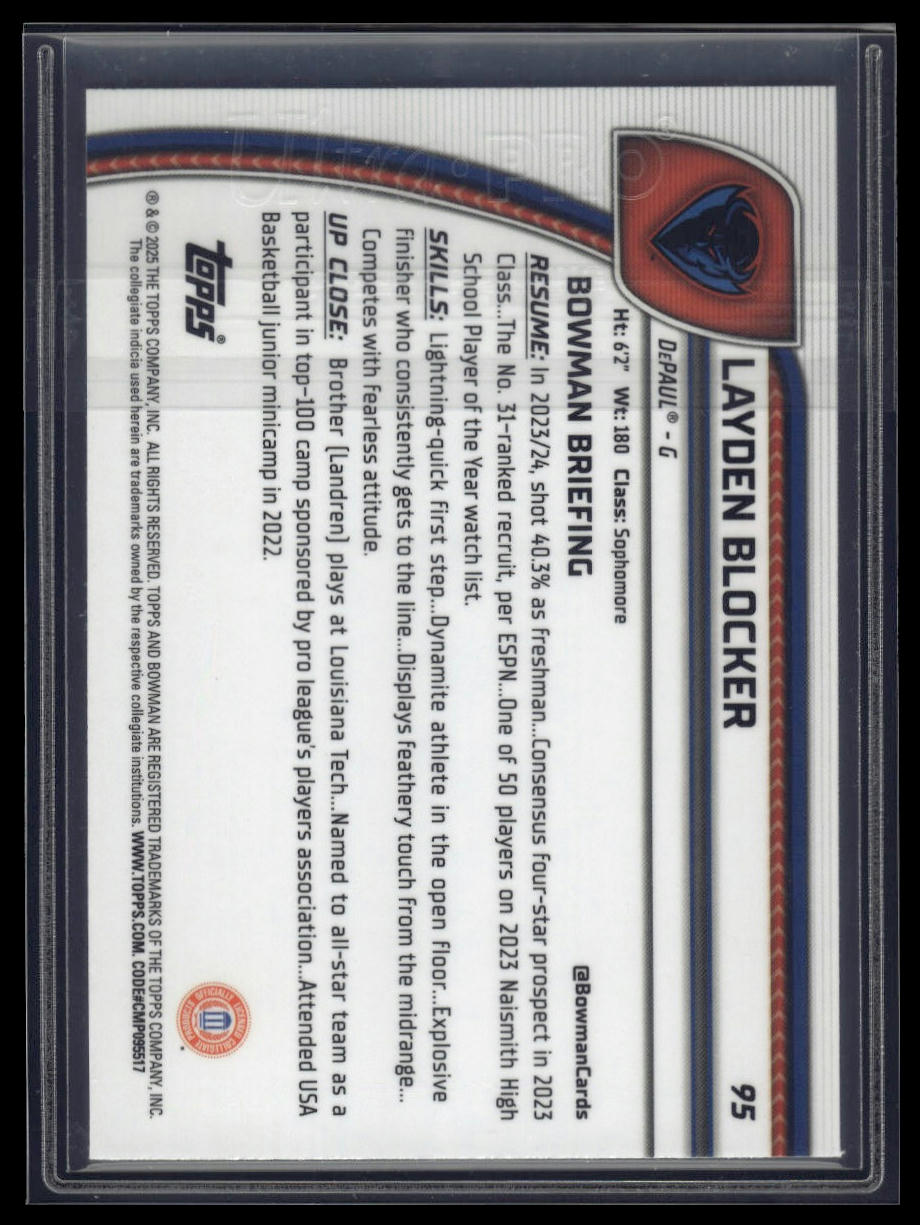 2024-25 Bowman University Chrome #95 Layden Blocker Blue Refractor #/199