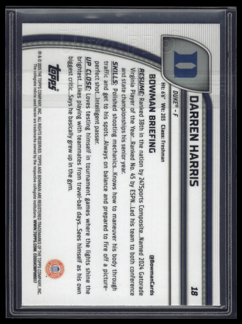 2024-25 Bowman University Chrome #18 Darren Harris Aqua Wave Refractor #/299