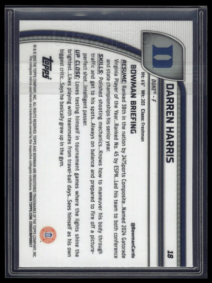 2024-25 Bowman University Chrome #18 Darren Harris Aqua Wave Refractor #/299