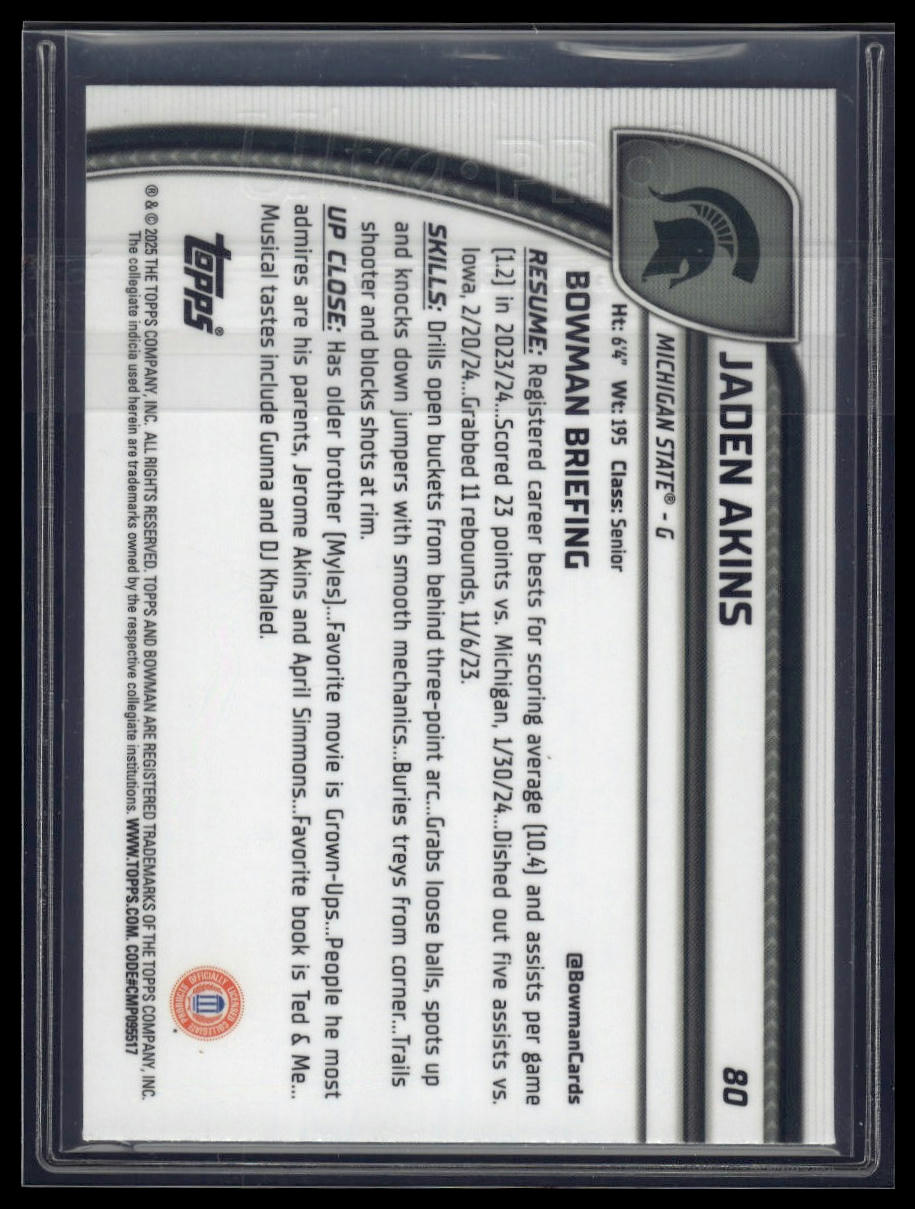 2024-25 Bowman University Chrome #80 Jaden Akins Blue Reptilian Refractor #/150