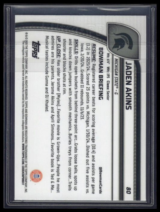 2024-25 Bowman University Chrome #80 Jaden Akins Blue Reptilian Refractor #/150