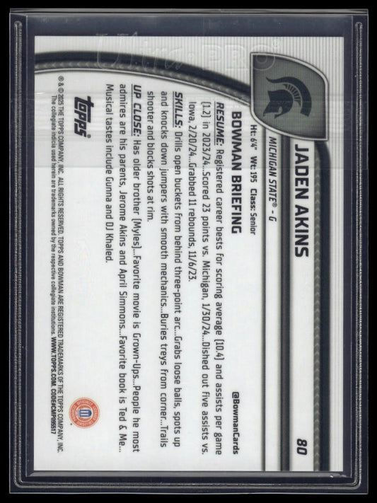 2024-25 Bowman University Chrome #80 Jaden Akins Black and Gold Stealth /24