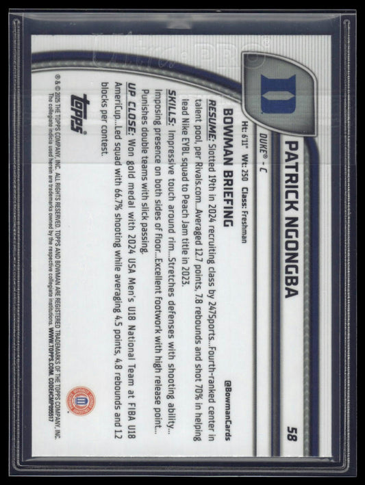 2024-25 Bowman University Chrome #58 Patrick Ngongba Blue Refractor #/199