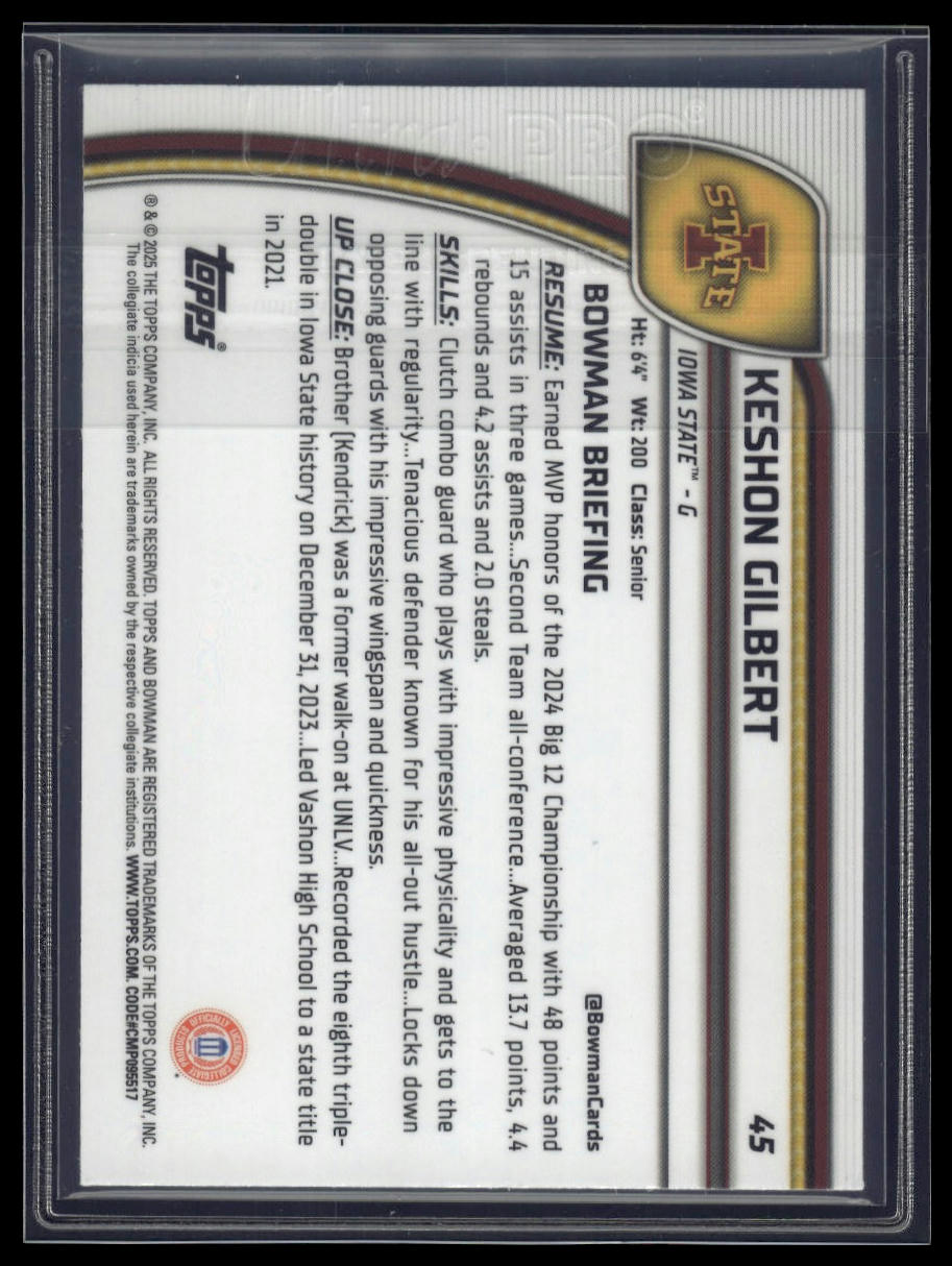 2024-25 Bowman University Chrome #45 Keshon Gilbert Blue Reptilian /150