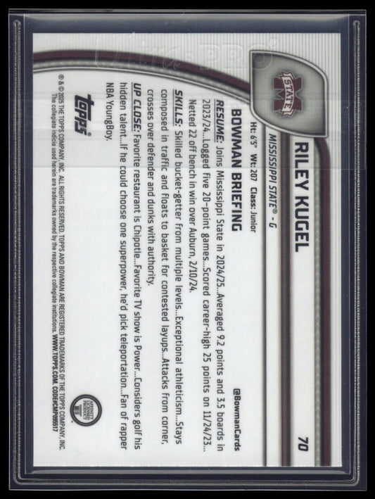 2024-25 Bowman University Chrome #70 Riley Kugel Green Reptilian Refractor #/75