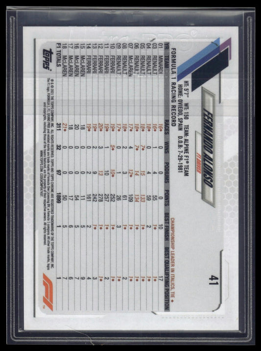 2021 Topps Chrome Formula 1 #41 Fernando Alonso Black & White RayWave Refractor