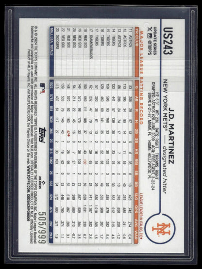 2024 Topps Update #US243 J.D. Martinez Blue Holofoil #/999